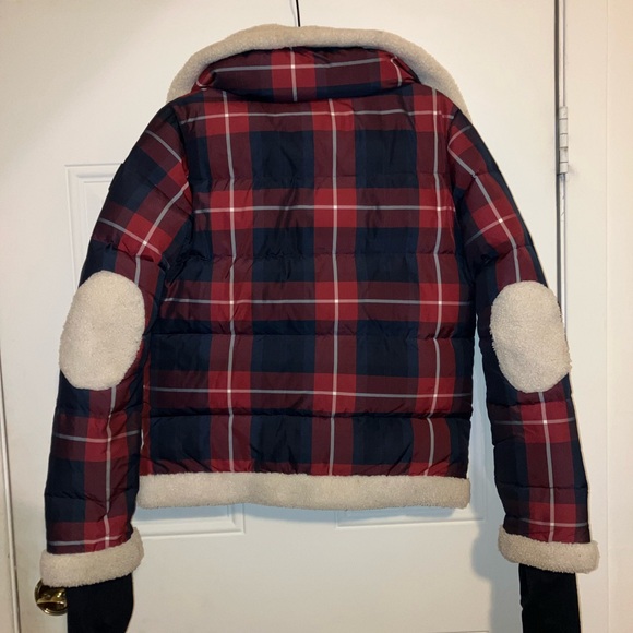 SAM Mackenzie Lamb Shearling Plaid Goose Down Jacket Red Blue Women's XS - Picture 2 of 11